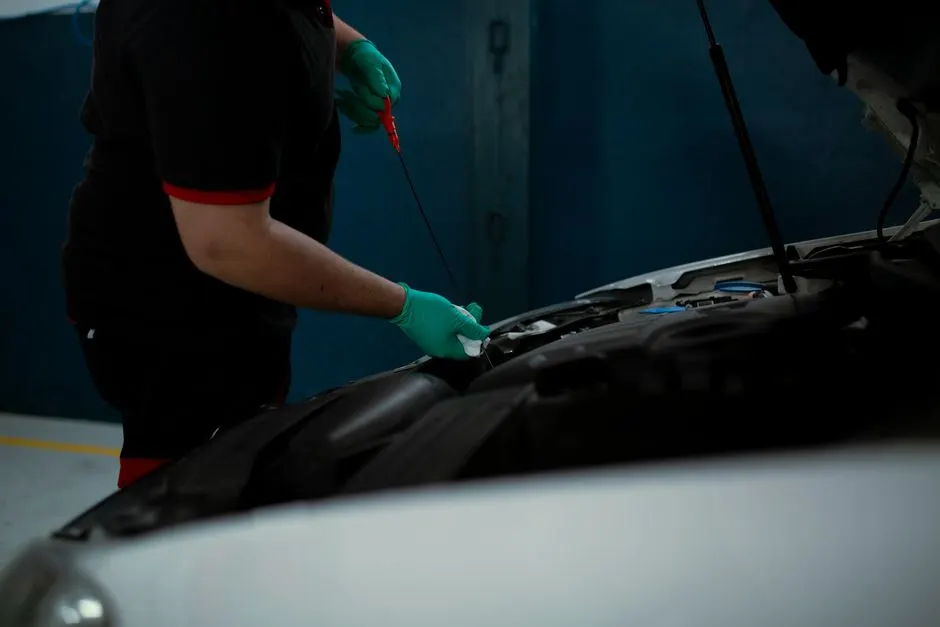 Un carnet d'entretien ouvert posé sur un établi, près d'une voiture au garage.